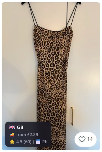 Close-up of a single Vinted item card with Rackoon badge showing country flag, shipping cost, seller rating, and listing age